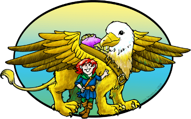 Katie leaning on her courier gryphon